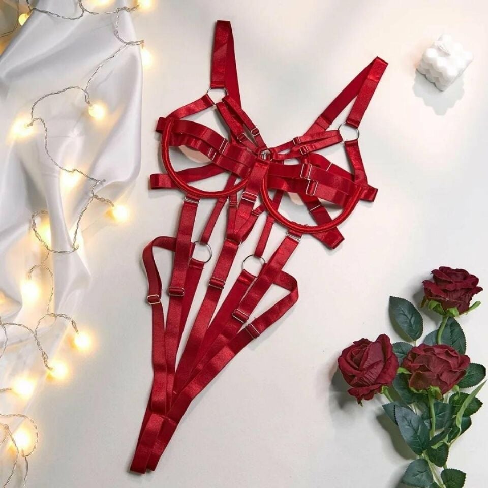 Intive Kadın Ayarlanabilir Özellikli Harness Seksi Fantezi Bodysuit Kırmızı - Tek Ebat