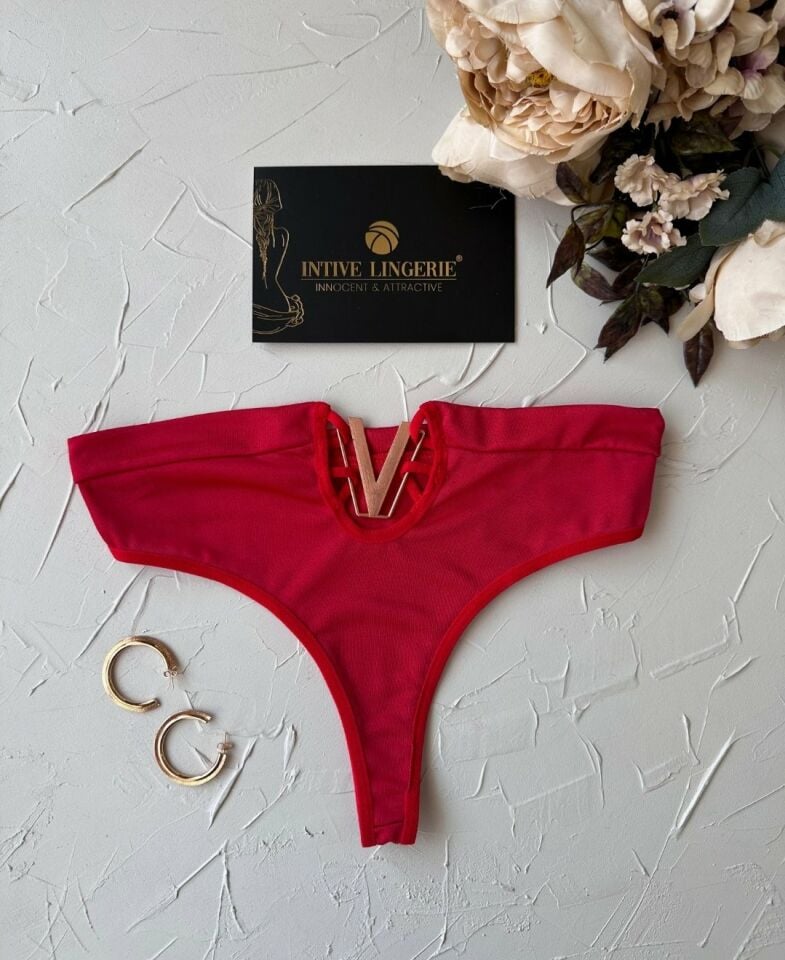 Passione Önü V Aksesuarlı Cut-Out Detaylı Esnek Tanga (Beyaz/Kırmızı/Siyah) Kırmızı - L/XL