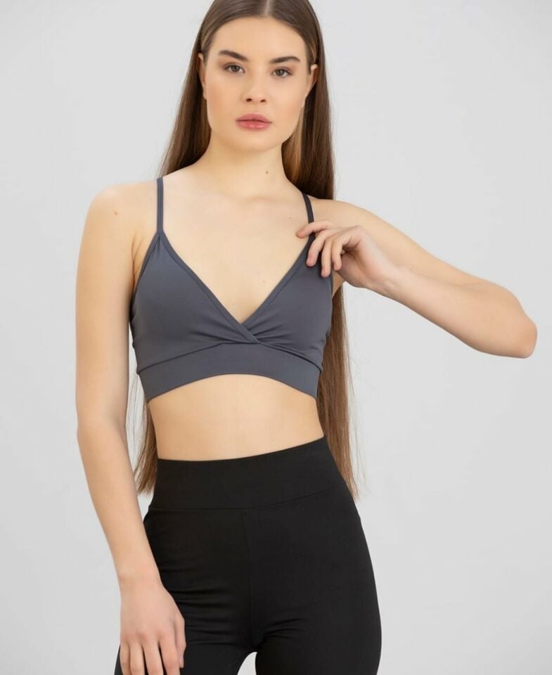 Aurafit Kaplı Arkası Çapraz Derin Dekolte İp Askılı Spor Sütyeni/Büstiyer-9026 Gri - M/L