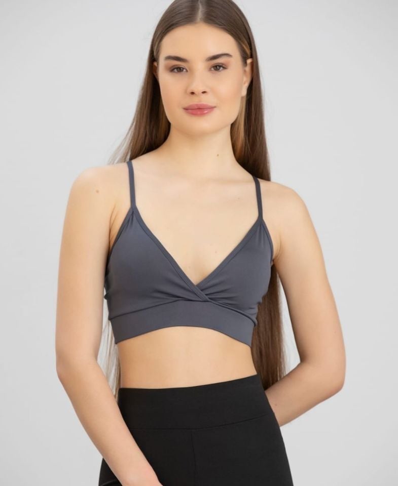 Aurafit Kaplı Arkası Çapraz Derin Dekolte İp Askılı Spor Sütyeni/Büstiyer-9026 Gri - M/L