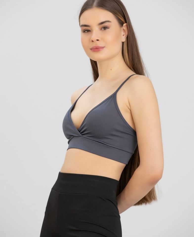 Aurafit Kaplı Arkası Çapraz Derin Dekolte İp Askılı Spor Sütyeni/Büstiyer-9026 Gri - M/L