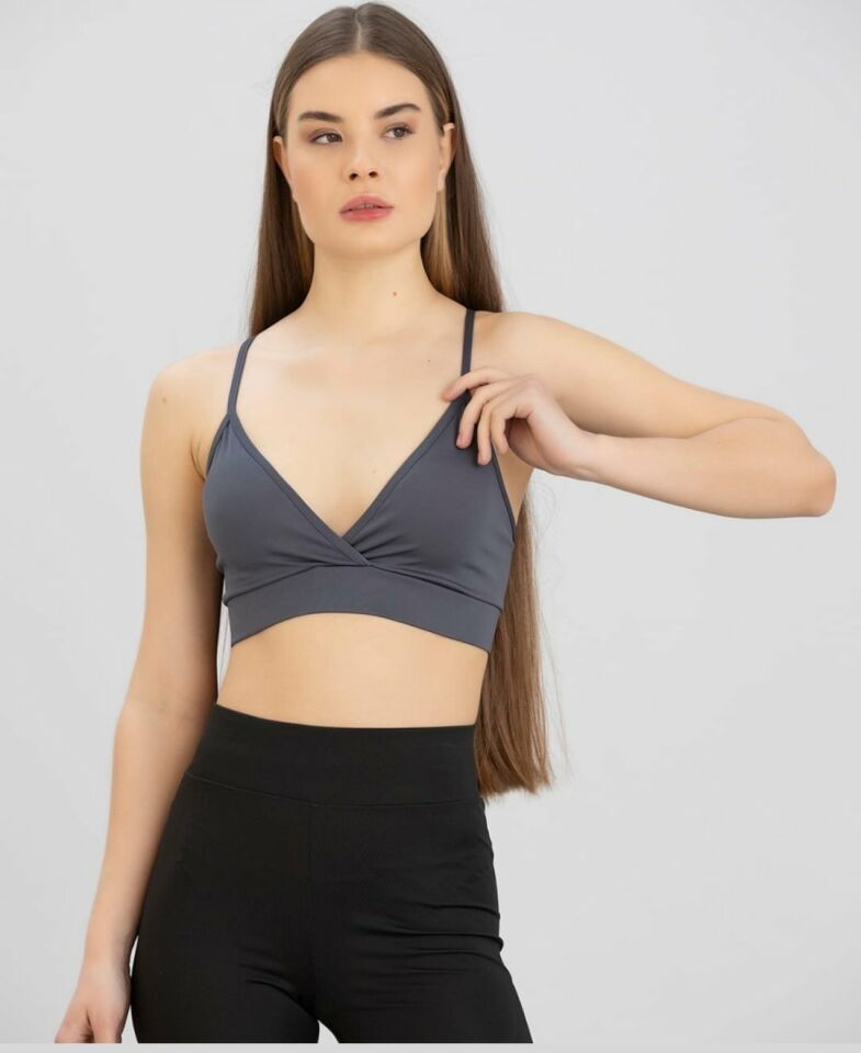 Aurafit Kaplı Arkası Çapraz Derin Dekolte İp Askılı Spor Sütyeni/Büstiyer-9026 Gri - M/L