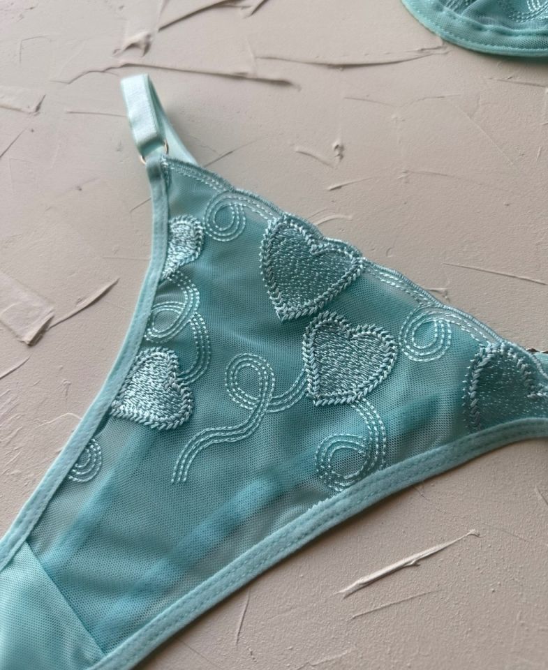 Blue Heart Turkuaz Kalp Desenli Transparan Balenli Sütyen Takım Turkuaz, mavi - 85B