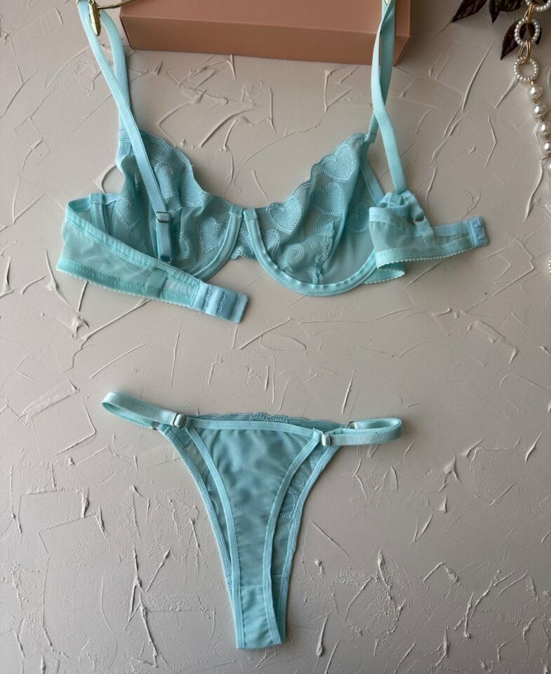 Blue Heart Turkuaz Kalp Desenli Transparan Balenli Sütyen Takım Turkuaz, mavi - 85B