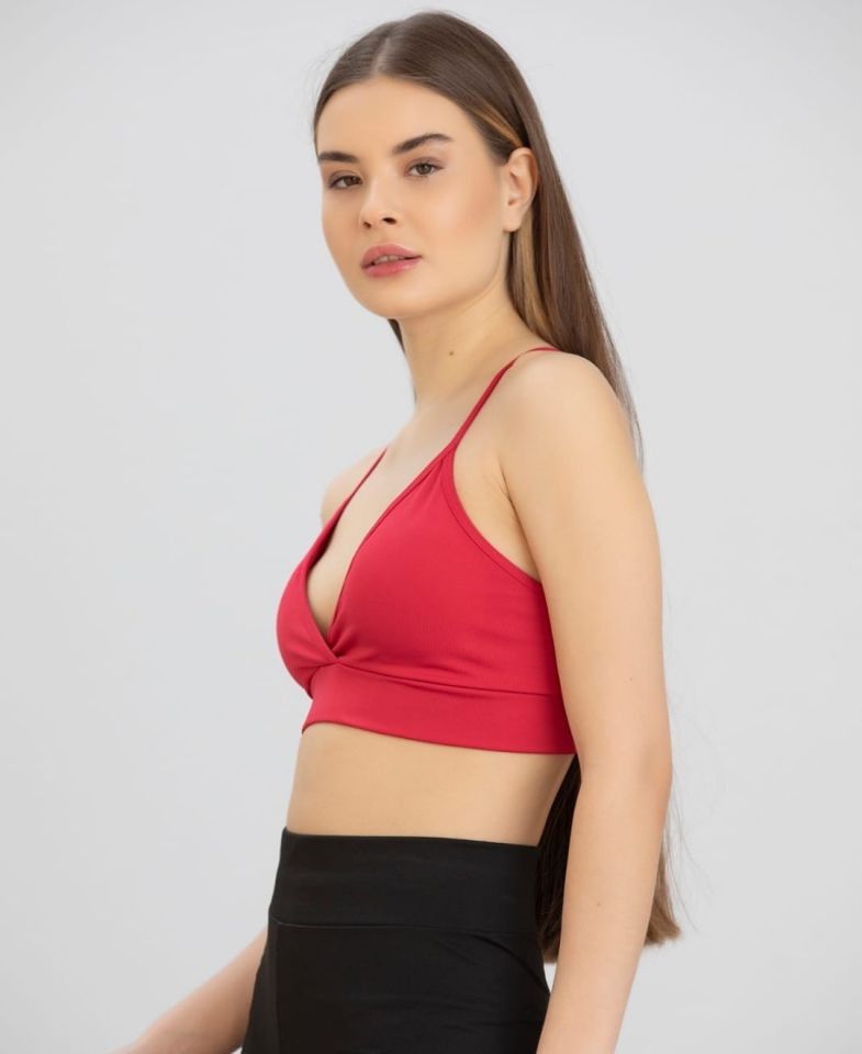 Aurafit Kaplı Arkası Çapraz Derin Dekolte İp Askılı Spor Sütyeni/Büstiyer-9026 Kırmızı - S/M