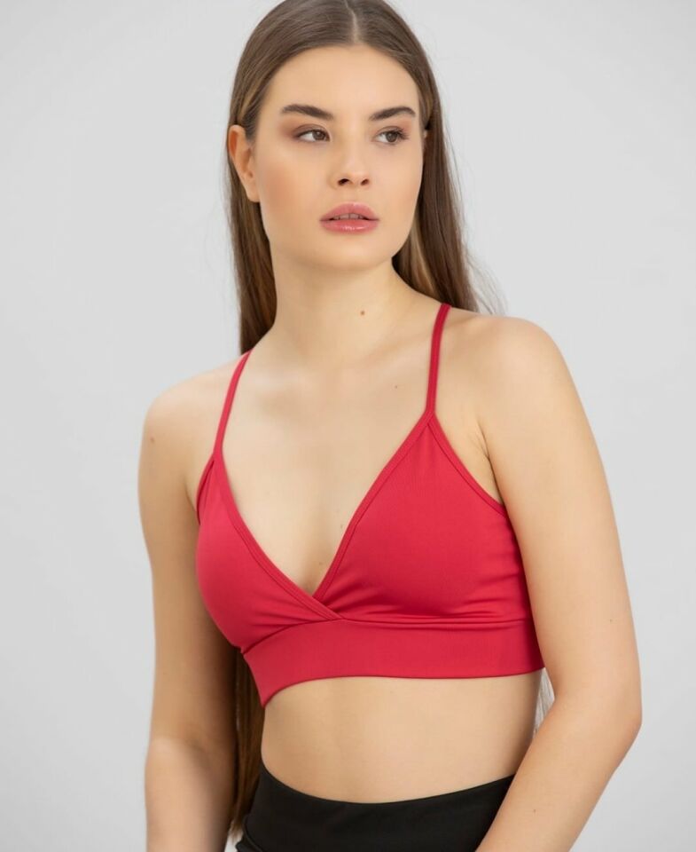 Aurafit Kaplı Arkası Çapraz Derin Dekolte İp Askılı Spor Sütyeni/Büstiyer-9026 Kırmızı - S/M