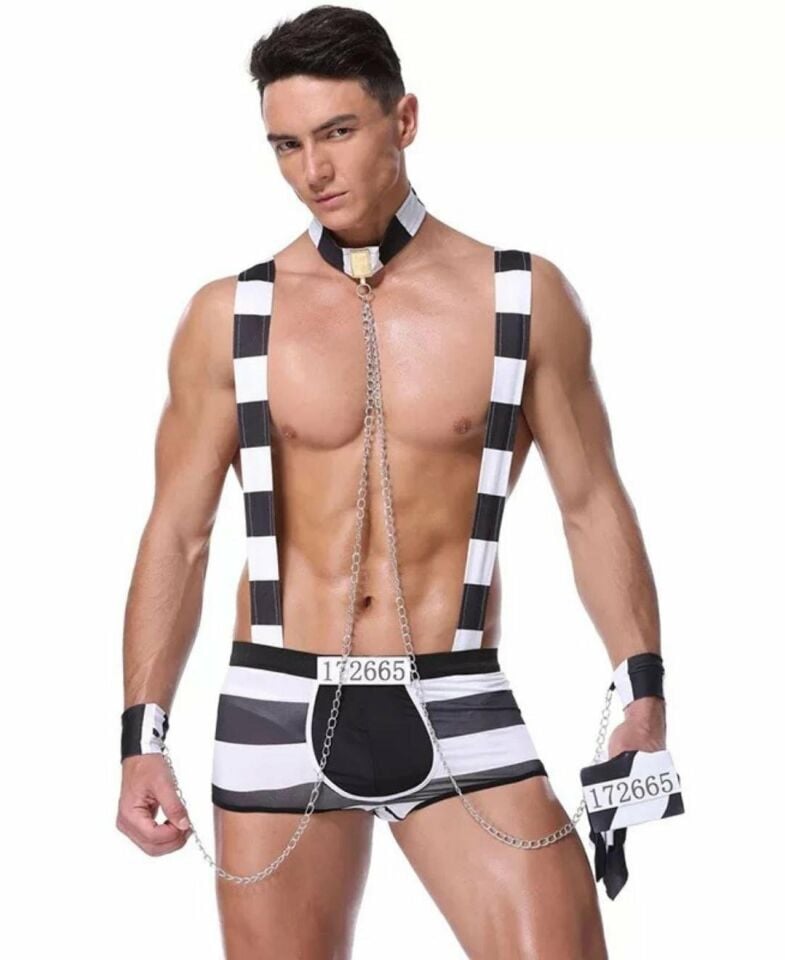 Erkek Fantezi Seksi Mahkum Adam Kostümü Siyah/Beyaz - L