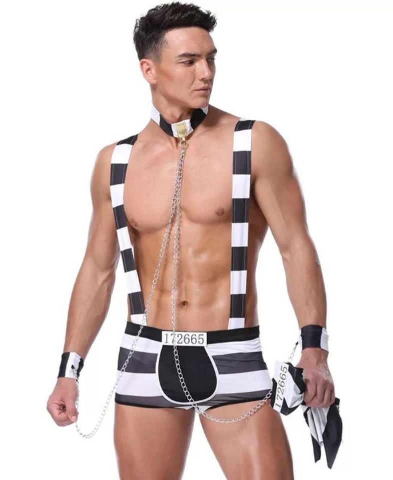 Erkek Fantezi Seksi Mahkum Adam Kostümü Siyah/Beyaz - S