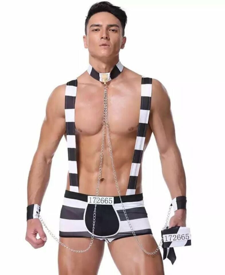Erkek Fantezi Seksi Mahkum Adam Kostümü Siyah/Beyaz - S