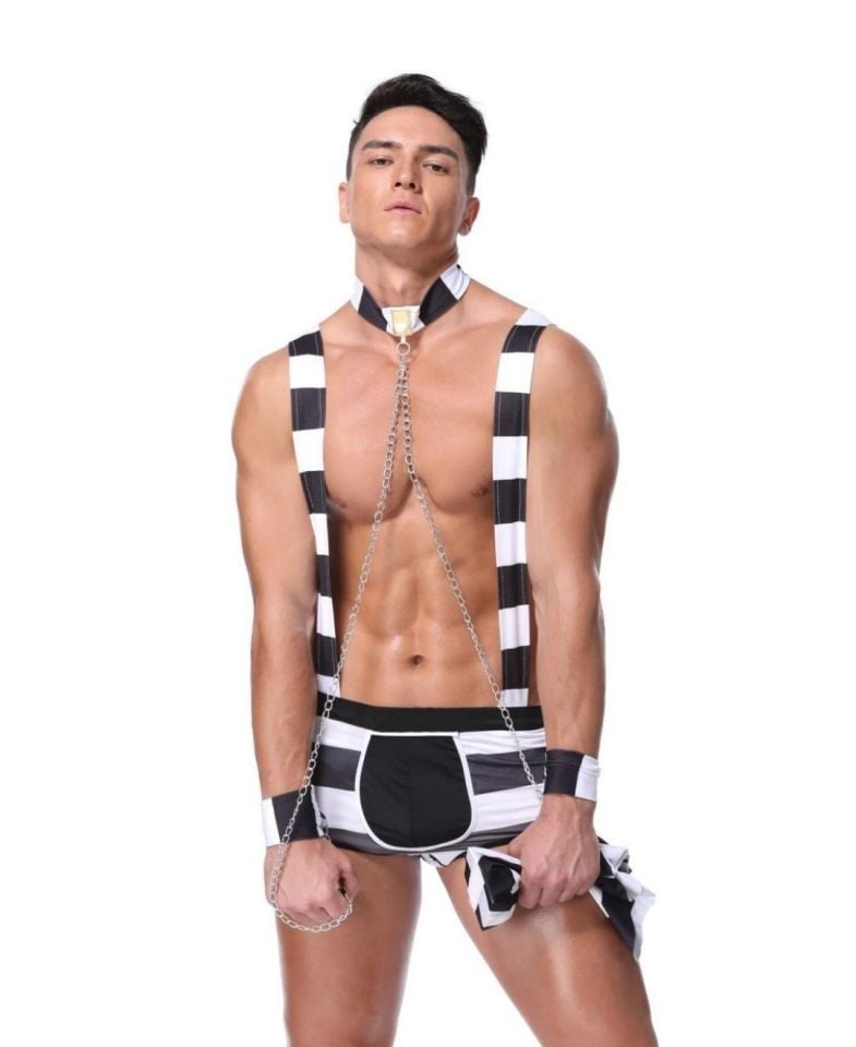 Erkek Fantezi Seksi Mahkum Adam Kostümü Siyah/Beyaz - S