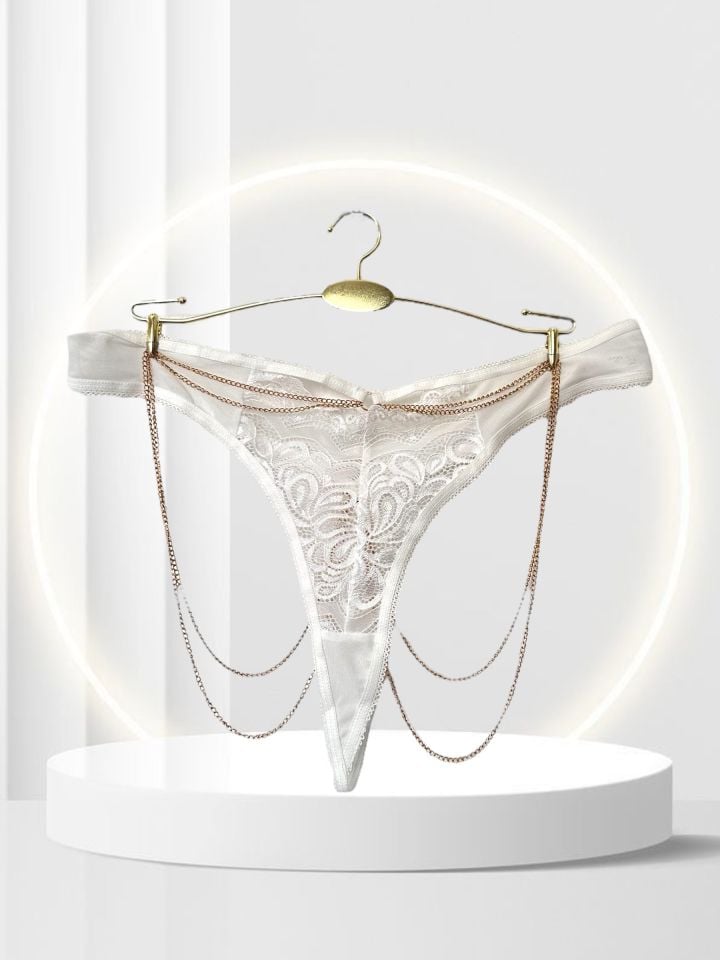 Passione Dantelli Transparan Yanları Gold Zincir Detaylı Tasarım Beyaz Tanga Beyaz - L/XL