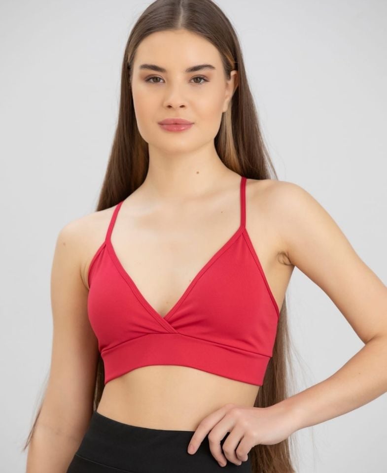 Aurafit Kaplı Arkası Çapraz Derin Dekolte İp Askılı Spor Sütyeni/Büstiyer-9026 Kırmızı - M/L