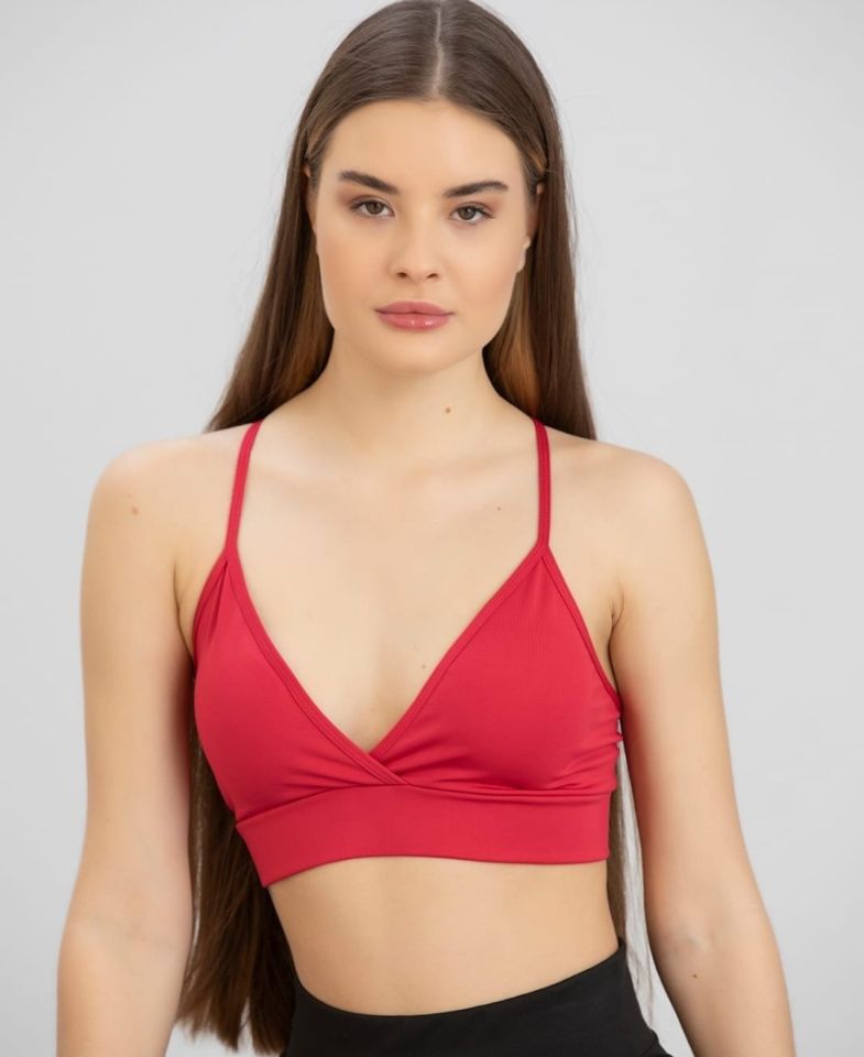 Aurafit Kaplı Arkası Çapraz Derin Dekolte İp Askılı Spor Sütyeni/Büstiyer-9026 Kırmızı - M/L