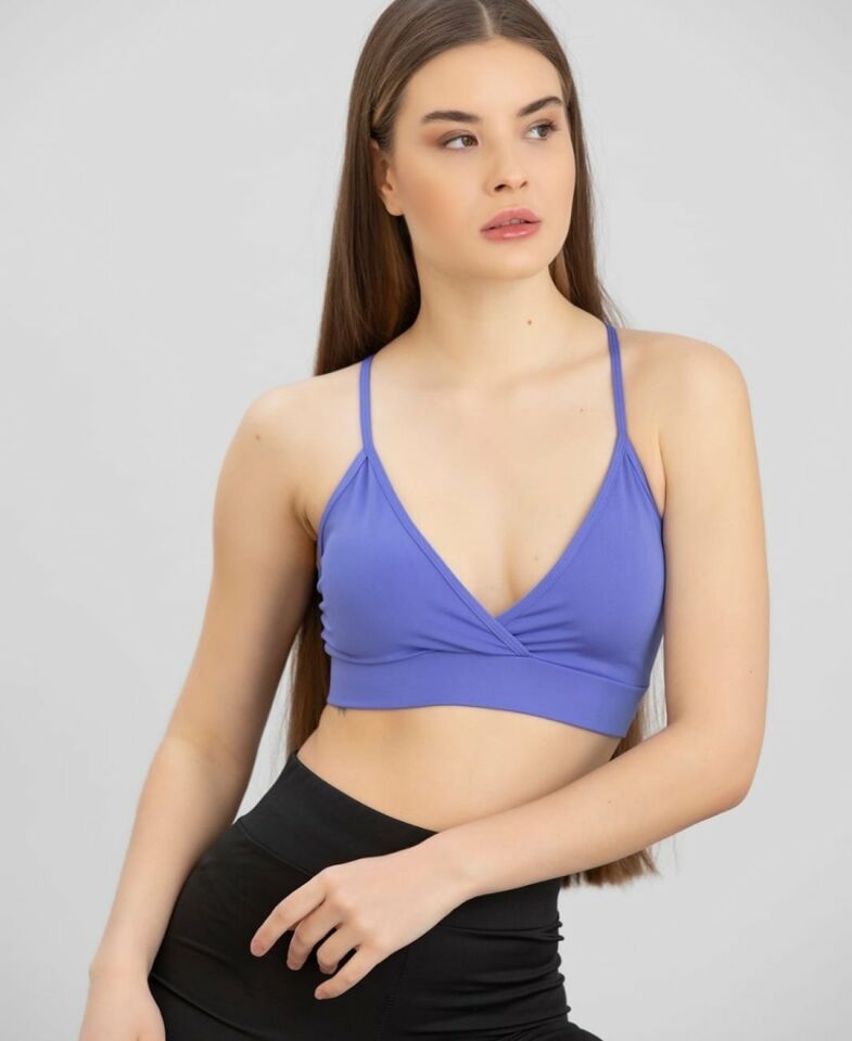 Aurafit Kaplı Arkası Çapraz Derin Dekolte İp Askılı Spor Sütyeni/Büstiyer-9026 Mavi - M/L