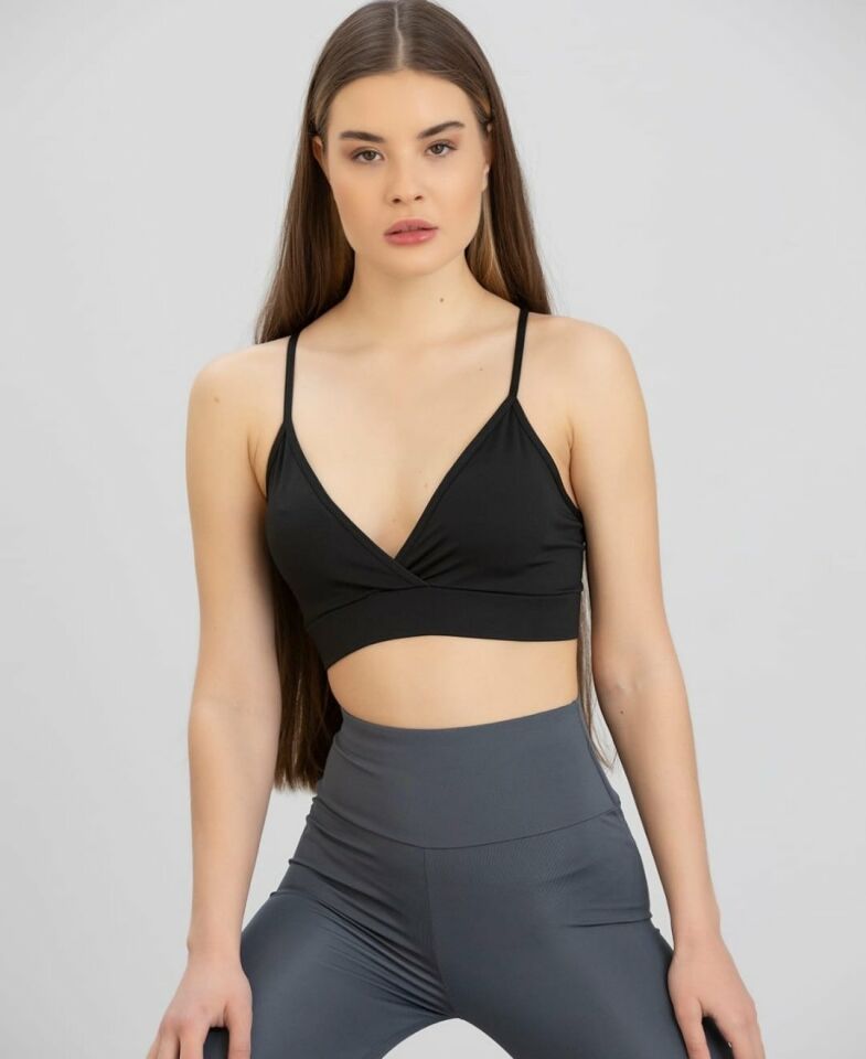 Aurafit Kaplı Arkası Çapraz Derin Dekolte İp Askılı Spor Sütyeni/Büstiyer-9026 Siyah - S/M