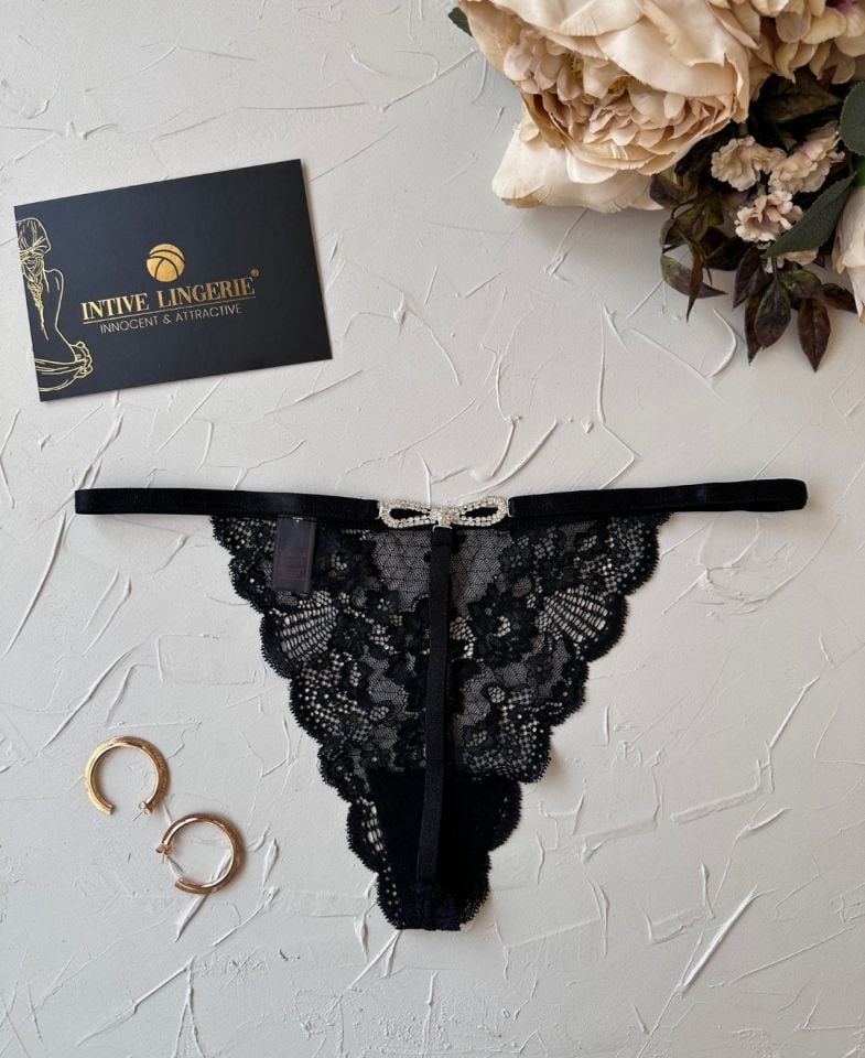 Intive VS Dantelli Arkası Parlak Taşlı Tasarım Kurdeleli G-String (Bej-Siyah-Beyaz) Siyah - Standart