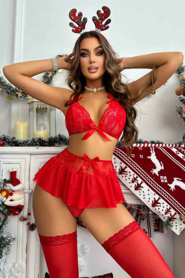 YNT Kırmızı Yüksek Bel Etekli Yılbaşı Kostüm 16048 Kırmızı - S/M