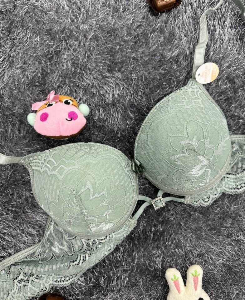 Push-up Dantelli Önü Taşlı Aksesuar Detaylı Günlük/Fantezi Sütyen Su Yeşili - 75B