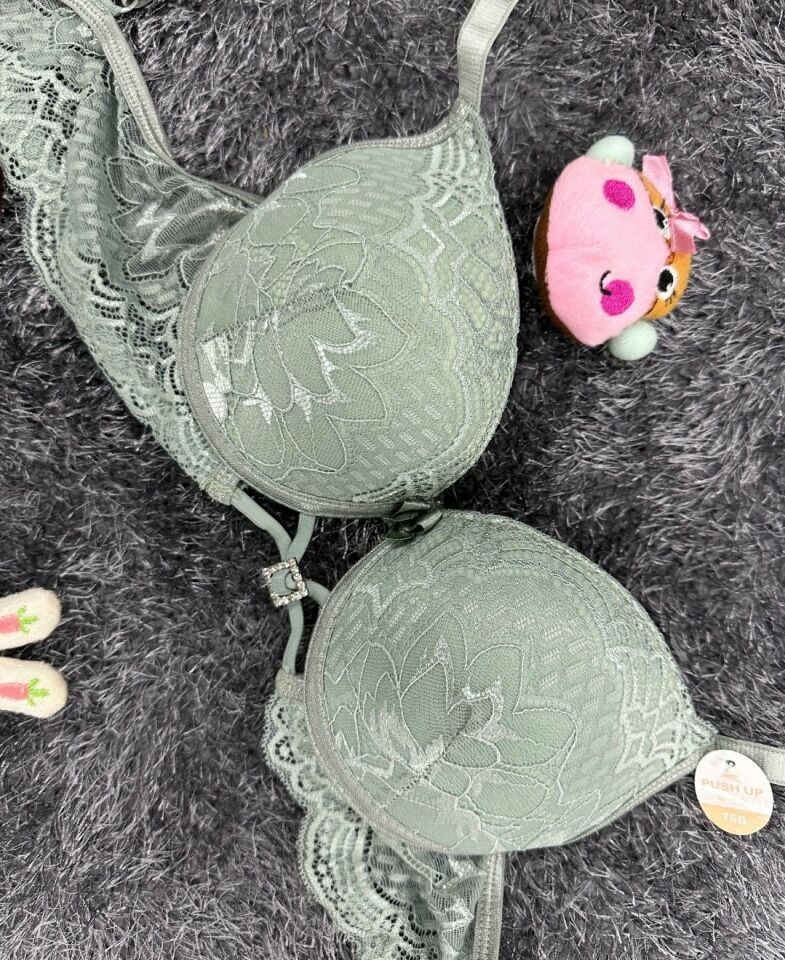 Push-up Dantelli Önü Taşlı Aksesuar Detaylı Günlük/Fantezi Sütyen Su Yeşili - 90B