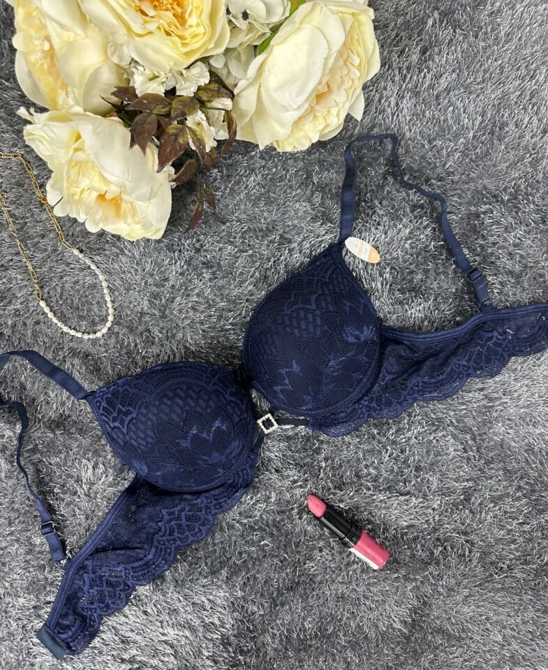 Push-up Dantelli Önü Taşlı Aksesuar Detaylı Günlük/Fantezi Sütyen Lacivert - 80B