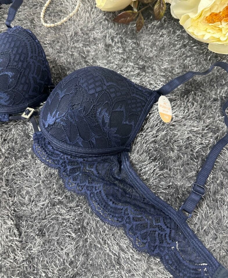 Push-up Dantelli Önü Taşlı Aksesuar Detaylı Günlük/Fantezi Sütyen Lacivert - 80B
