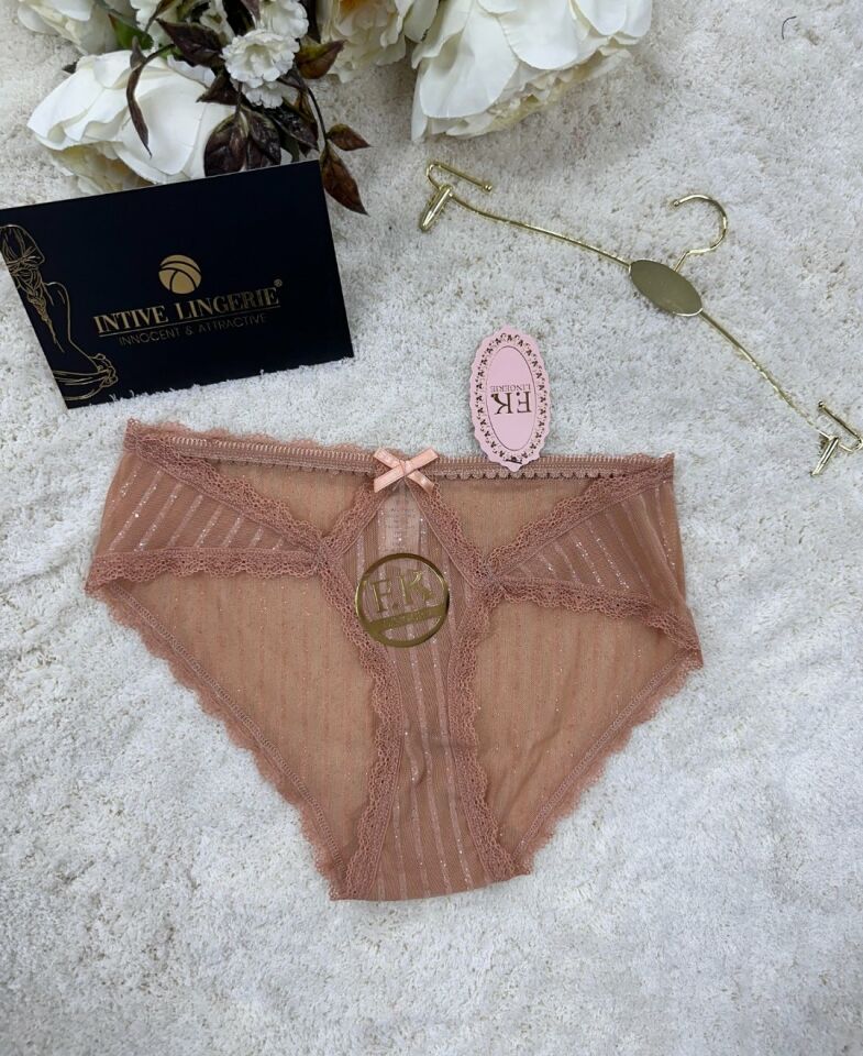 Fk Lingerie Simli Arkası Transparan Tül Önü Dantelli Önü Cut-Out Külot Bej - L/XL