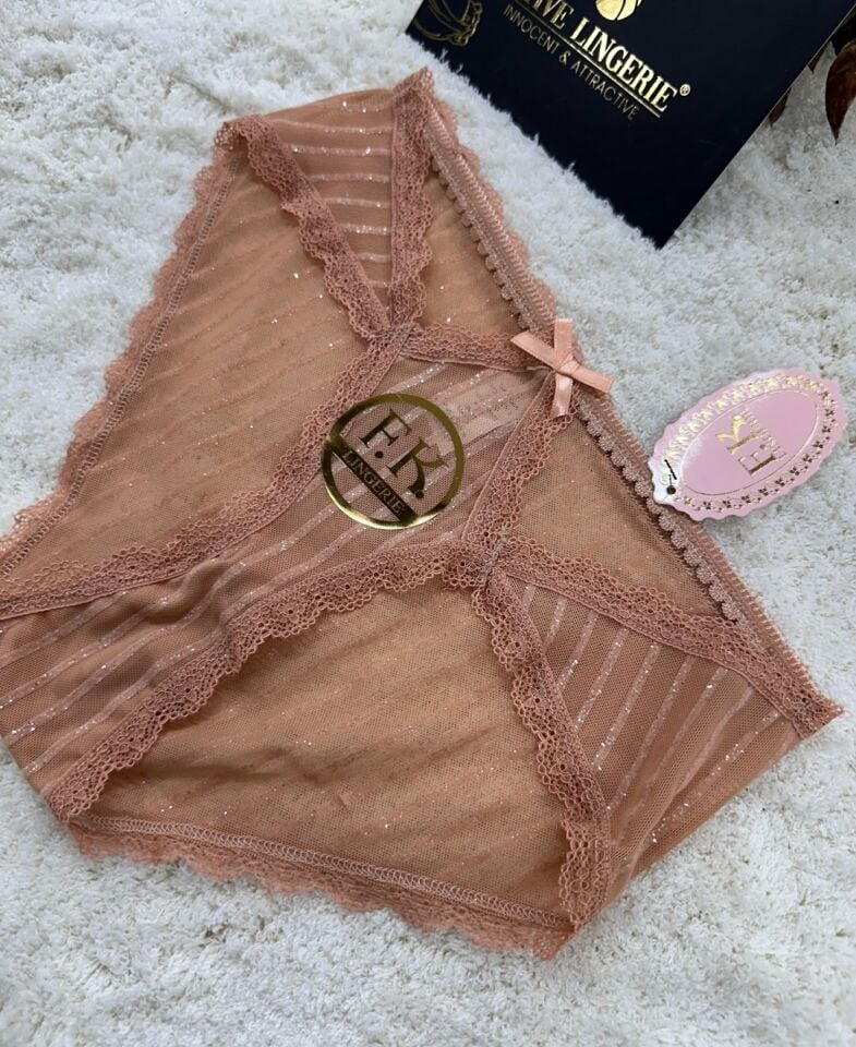 Fk Lingerie Simli Arkası Transparan Tül Önü Dantelli Önü Cut-Out Külot Bej - L/XL