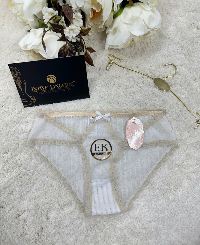 Fk Lingerie Simli Arkası Transparan Tül Önü Dantelli Önü Cut-Out Külot Ekru - L/XL