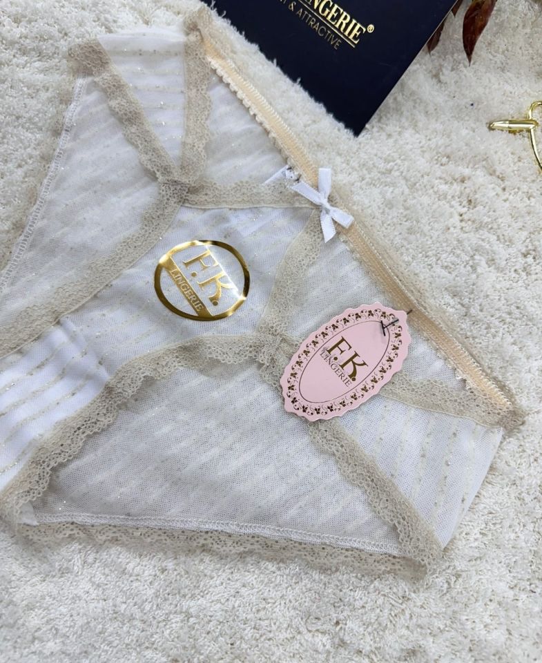 Fk Lingerie Simli Arkası Transparan Tül Önü Dantelli Önü Cut-Out Külot Ekru - L/XL