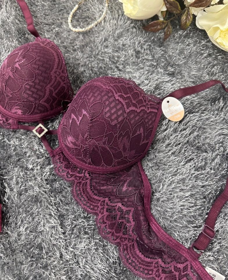 Push-up Dantelli Önü Taşlı Aksesuar Detaylı Günlük/Fantezi Sütyen Mürdüm - 80B