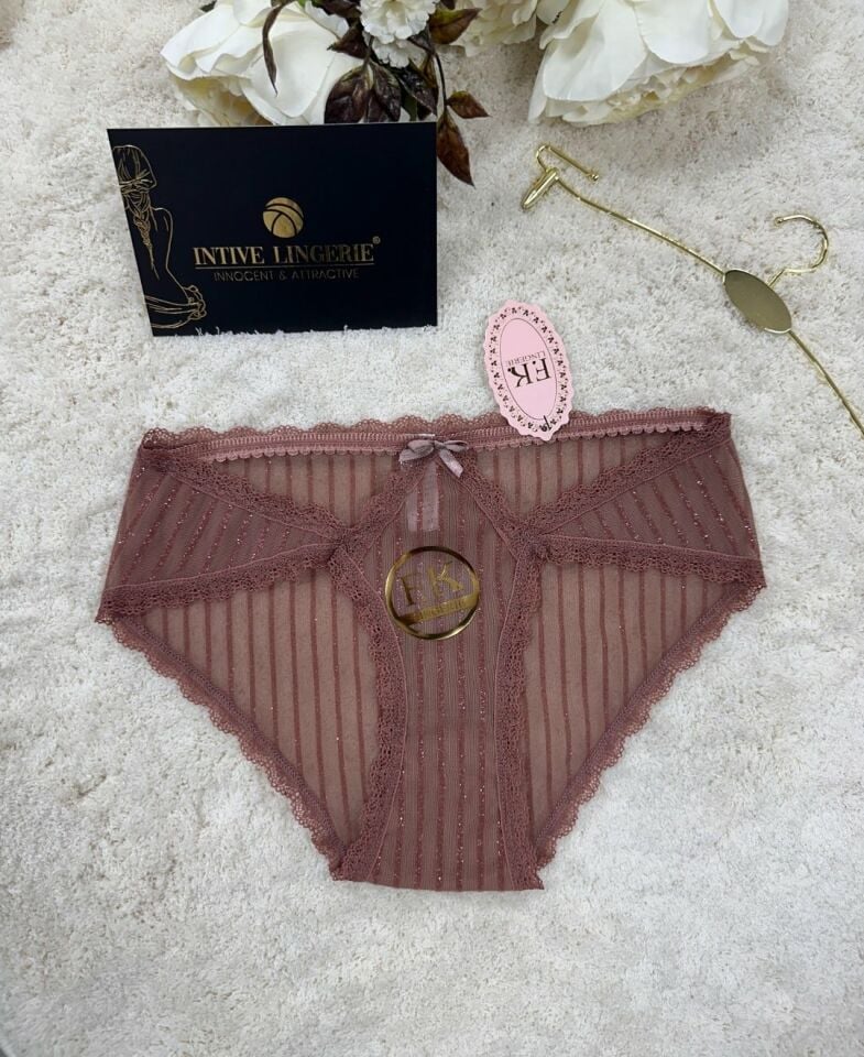 Fk Lingerie Simli Arkası Transparan Tül Önü Dantelli Önü Cut-Out Külot Kahverengi - S/M