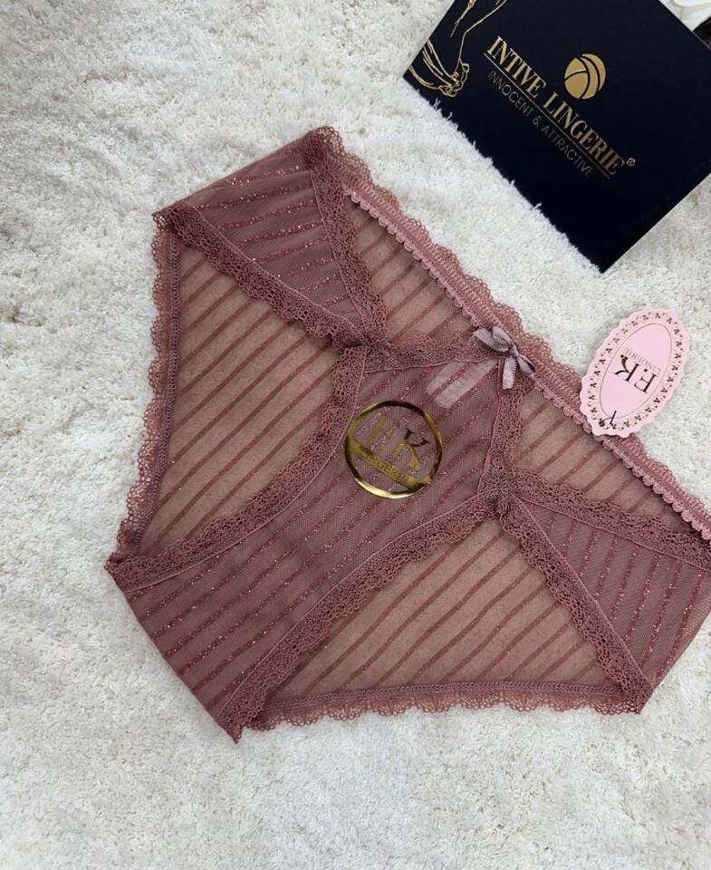 Fk Lingerie Simli Arkası Transparan Tül Önü Dantelli Önü Cut-Out Külot Kahverengi - S/M
