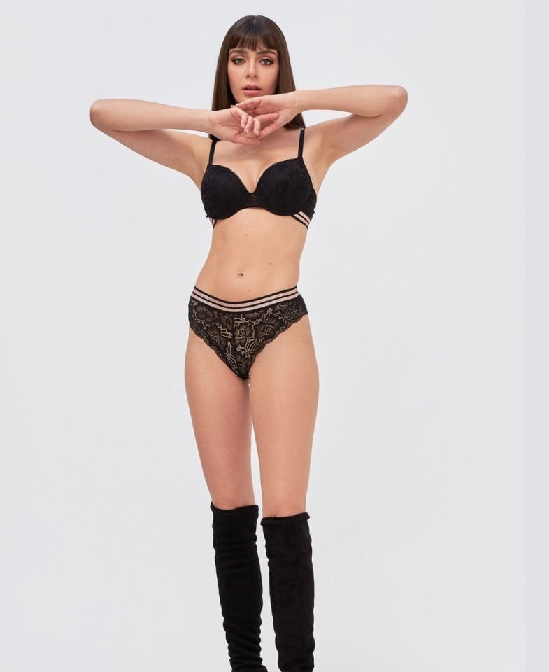 Siyah Rose Silvery Şeritli Dantelli Cuplı Hafif Destekli Sütyen Takım Siyah - 75B