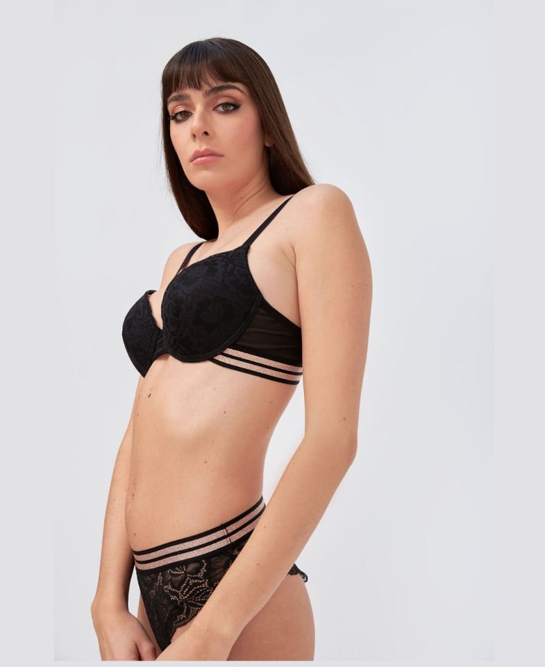 Siyah Rose Silvery Şeritli Dantelli Cuplı Hafif Destekli Sütyen Takım Siyah - 90B