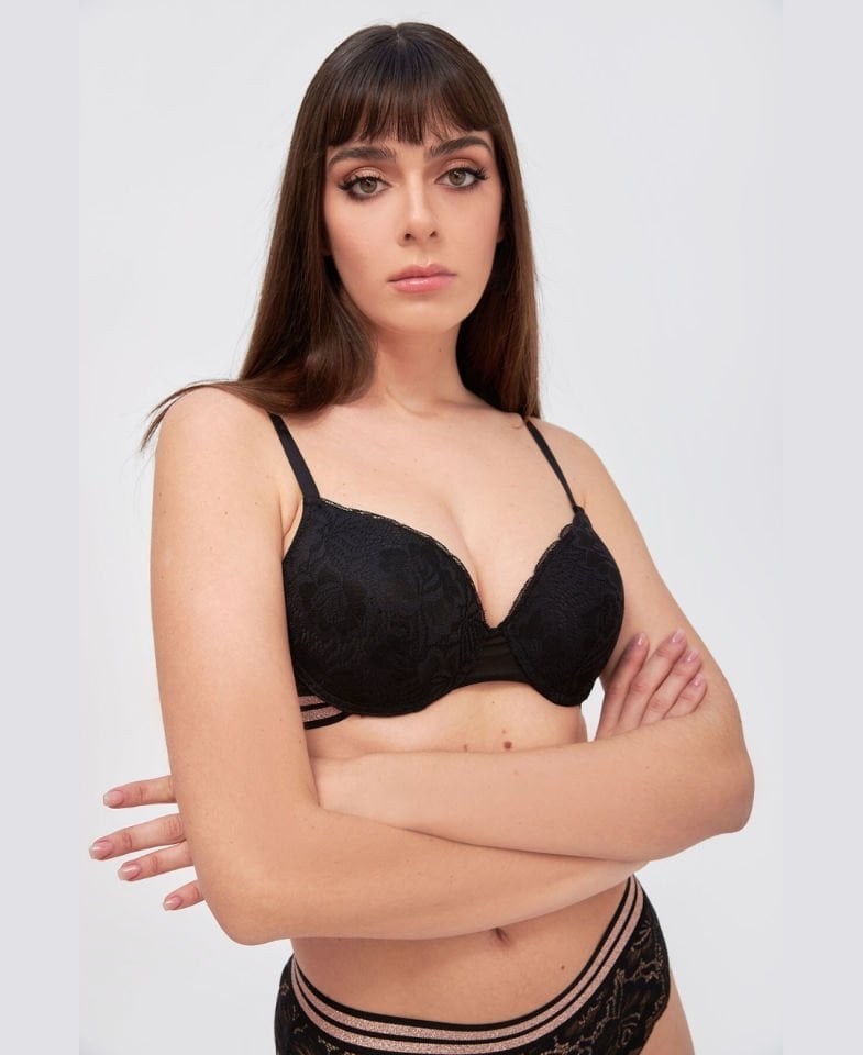 Siyah Rose Silvery Şeritli Dantelli Cuplı Hafif Destekli Sütyen Takım Siyah - 75B