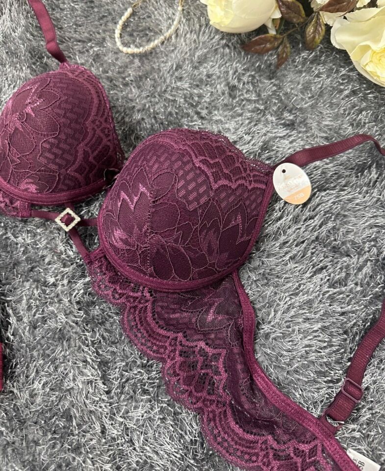 Push-up Dantelli Önü Taşlı Aksesuar Detaylı Günlük/Fantezi Sütyen Mürdüm - 85B