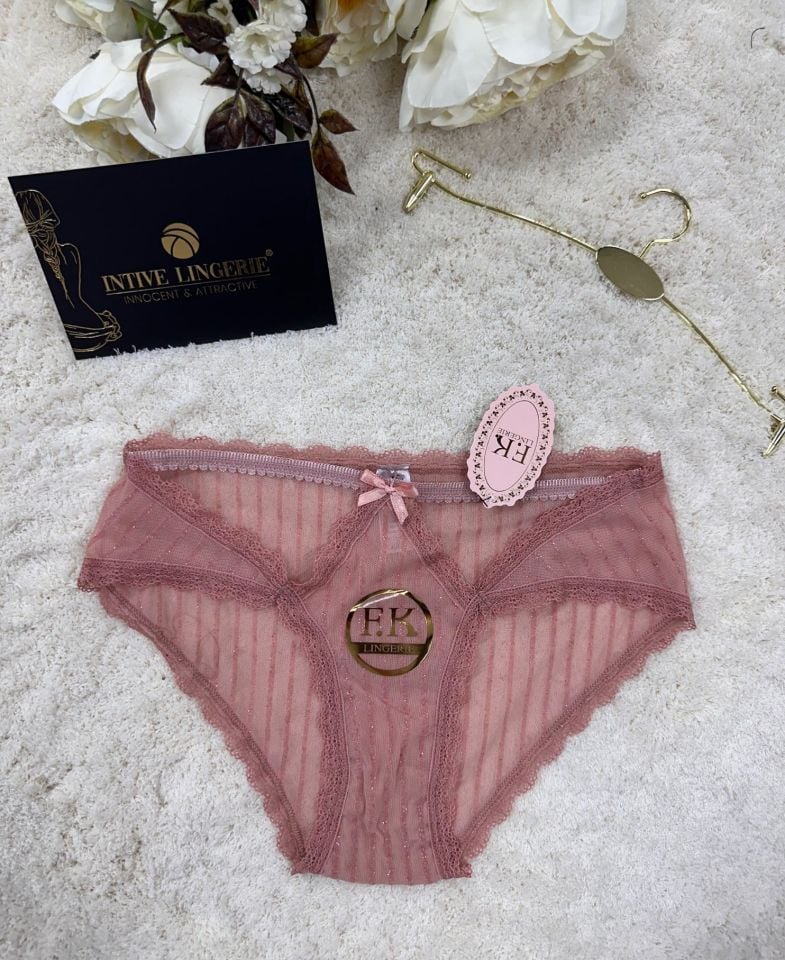 Fk Lingerie Simli Arkası Transparan Tül Önü Dantelli Önü Cut-Out Külot Pembe - L/XL