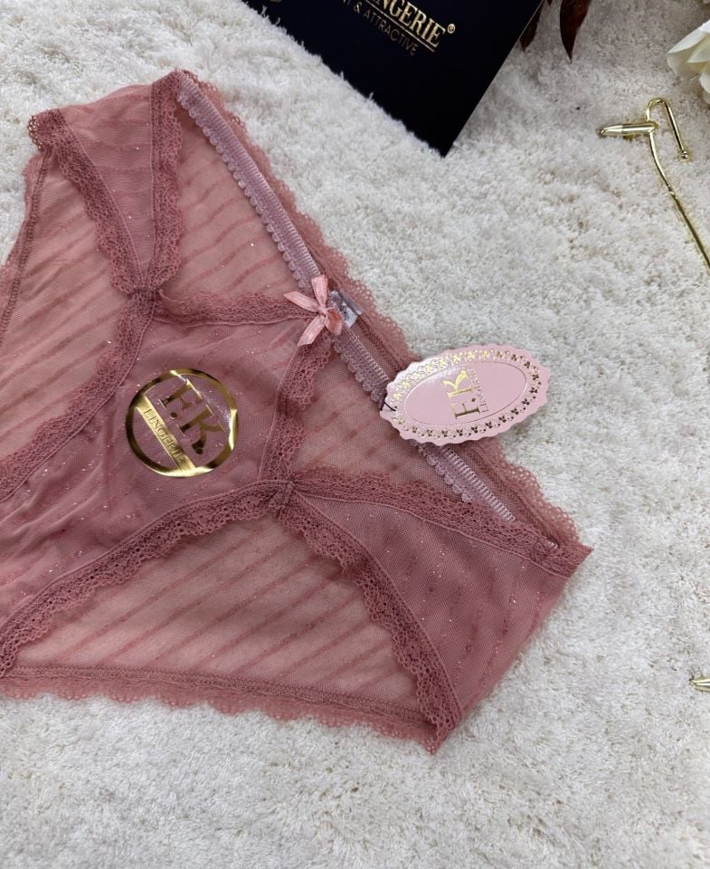 Fk Lingerie Simli Arkası Transparan Tül Önü Dantelli Önü Cut-Out Külot Pembe - L/XL