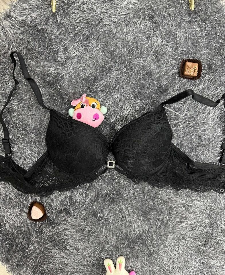 Push-up Dantelli Önü Taşlı Aksesuar Detaylı Günlük/Fantezi Sütyen Siyah - 80B