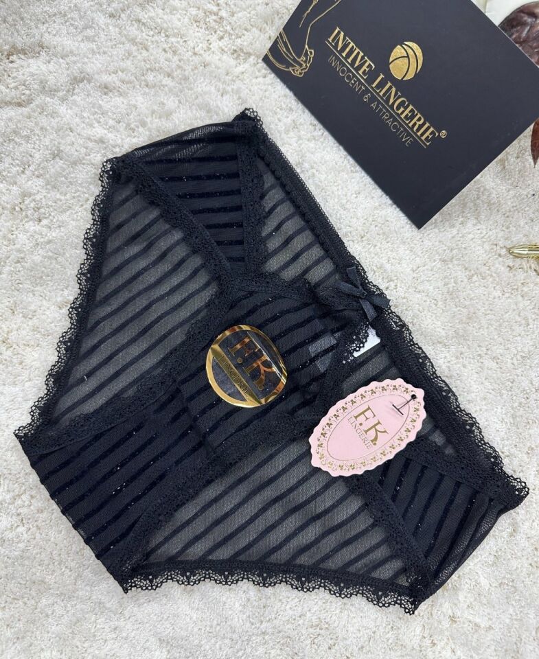 Fk Lingerie Simli Arkası Transparan Tül Önü Dantelli Önü Cut-Out Külot Siyah - L/XL