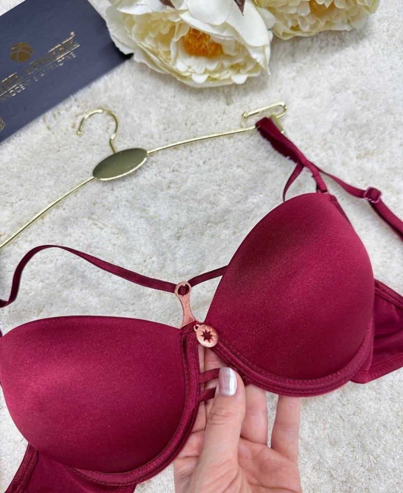 Le Jardin Monica Göğsü Şeritli Mikro Push-up Arkası İp Detaylı Sütyen - 7008 Bordo - 80B