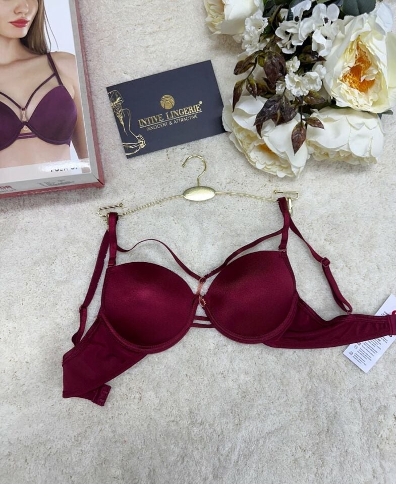 Le Jardin Monica Göğsü Şeritli Mikro Push-up Arkası İp Detaylı Sütyen - 7008 Bordo - 90B