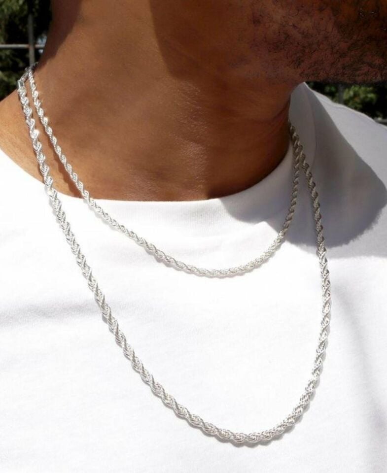 Muray 3mm Burgu Çelik Gold-Gümüş Unisex Kolye (Kararma-Solma Yapmaz) Gümüş