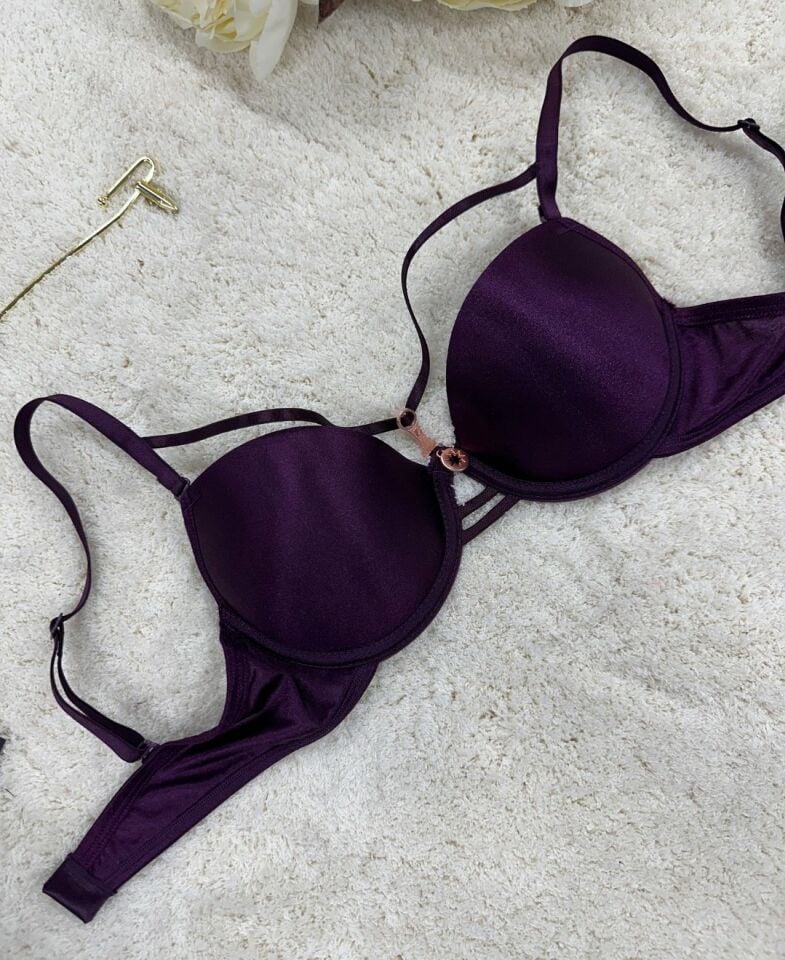 Le Jardin Monica Göğsü Şeritli Mikro Push-up Arkası İp Detaylı Sütyen - 7008 Mürdüm - 90B