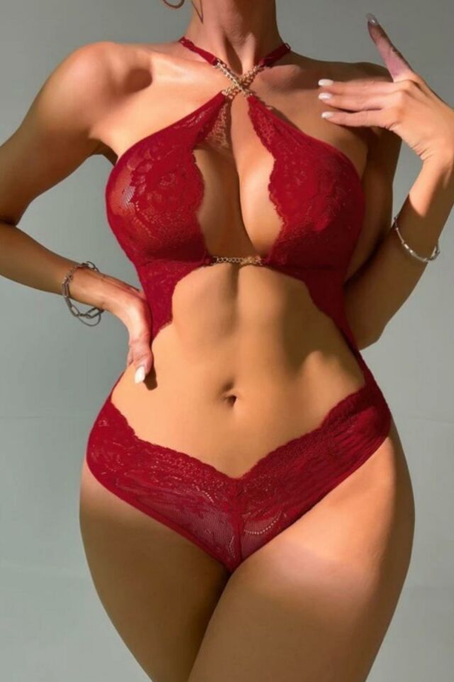 YNT Bordo Boyundan Askılı Zincirli Dantel Babydoll 16052 Bordo - S/M