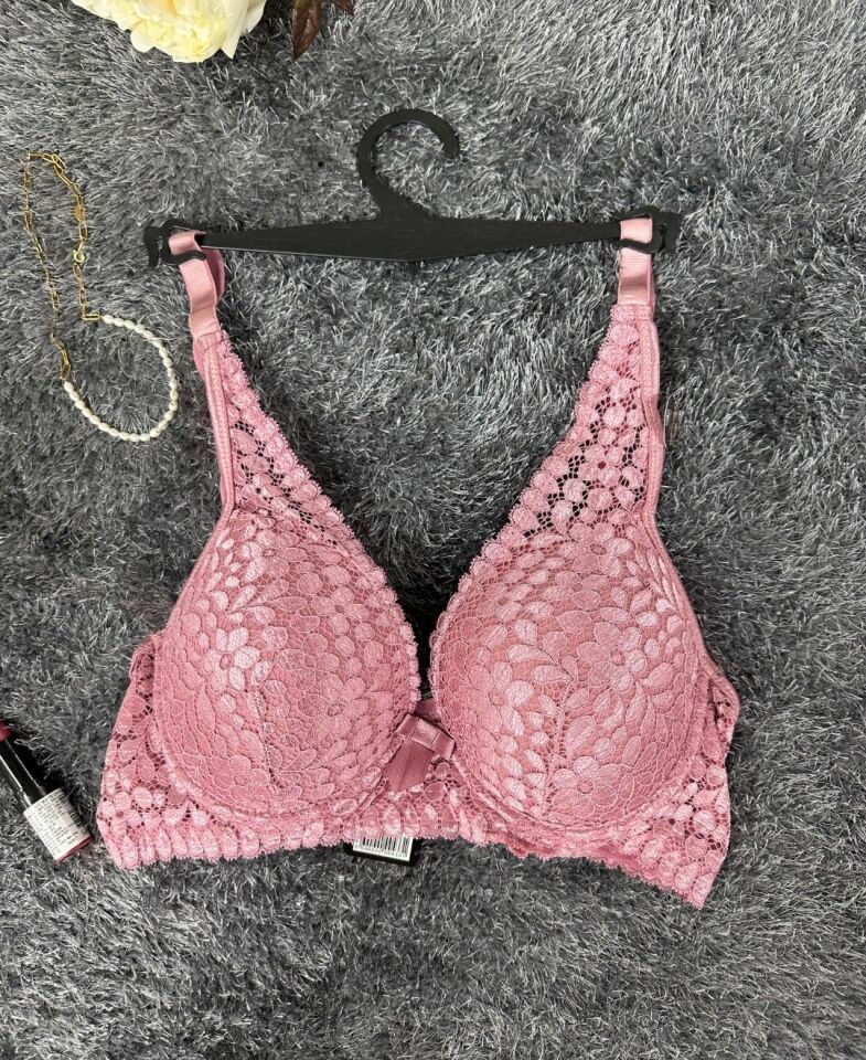 Dantelli Balenli Yumuşak Padli C Cup Hafif Günlük Sütyen -6010 Pembe - 105C
