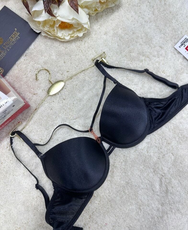 Le Jardin Monica Göğsü Şeritli Mikro Push-up Arkası İp Detaylı Sütyen - 7008 Siyah - 90B