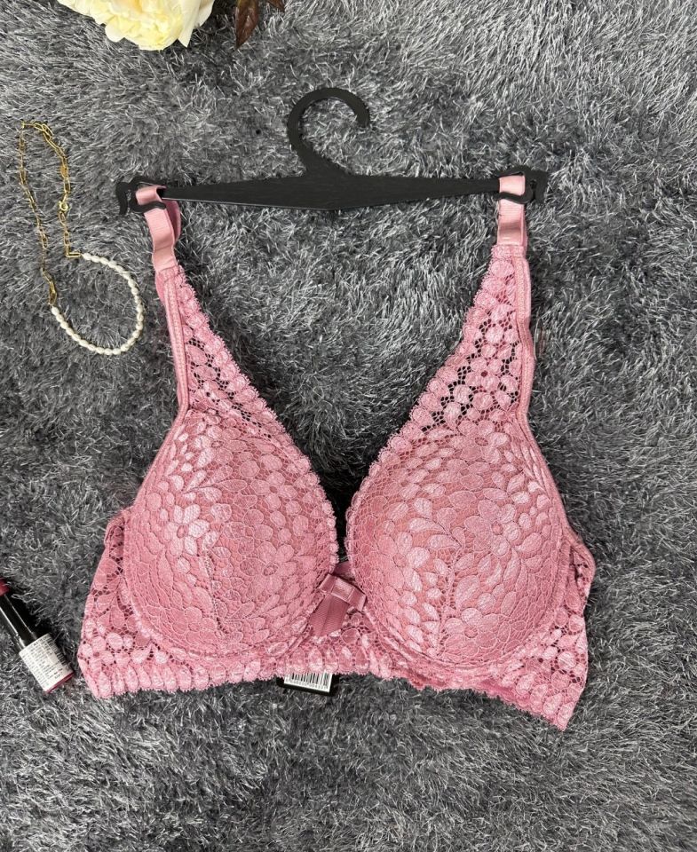 Dantelli Balenli Yumuşak Padli C Cup Hafif Günlük Sütyen -6010 Pembe - 90C
