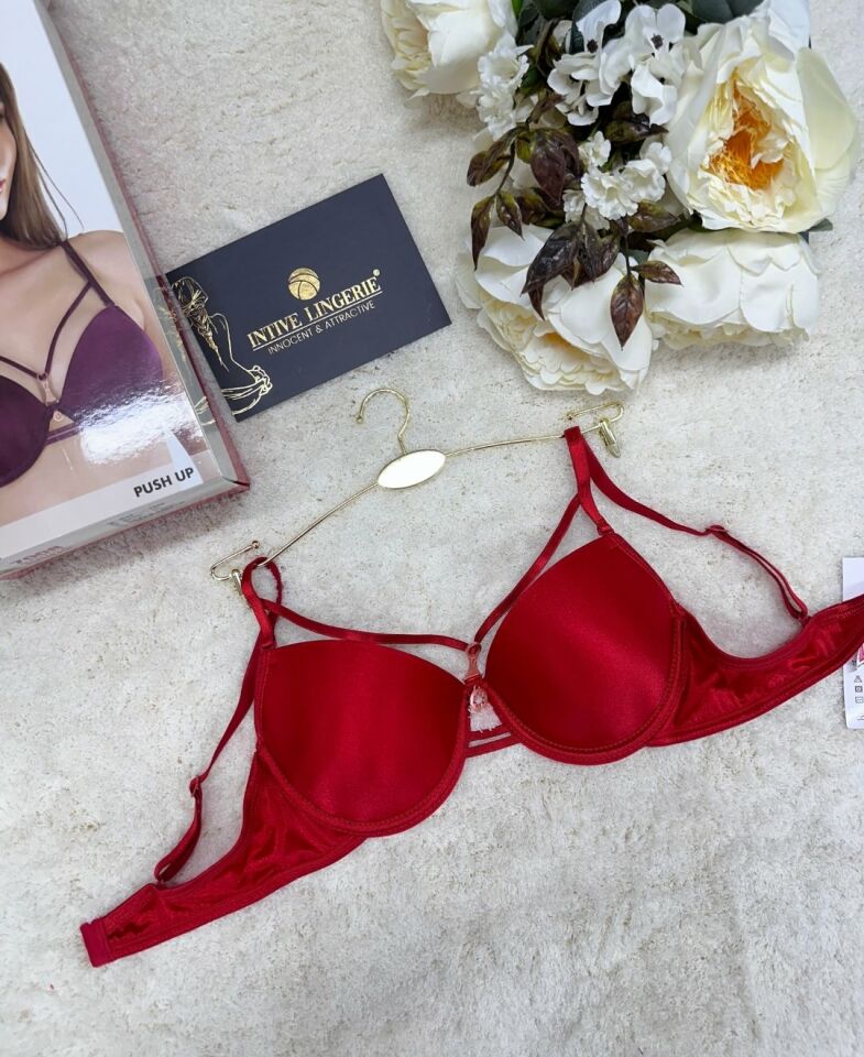 Le Jardin Monica Göğsü Şeritli Mikro Push-up Arkası İp Detaylı Sütyen - 7008 Kırmızı - 75B