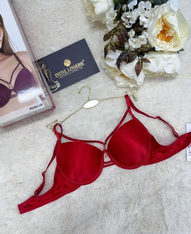 Le Jardin Monica Göğsü Şeritli Mikro Push-up Arkası İp Detaylı Sütyen - 7008 Kırmızı - 90B